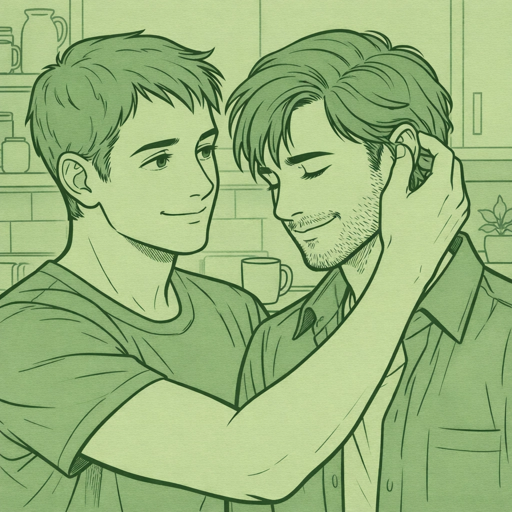Two men in a kitchen sharing a tender moment, illustrating a valid asexual gay love story.