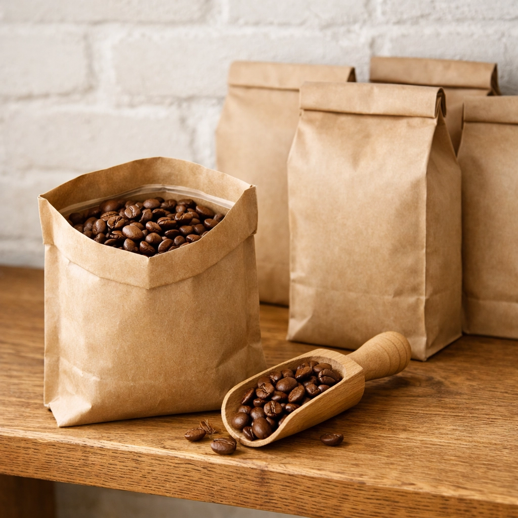 Bags of fresh specialty coffee beans on a shelf, illustrating organized wholesale stock management.
