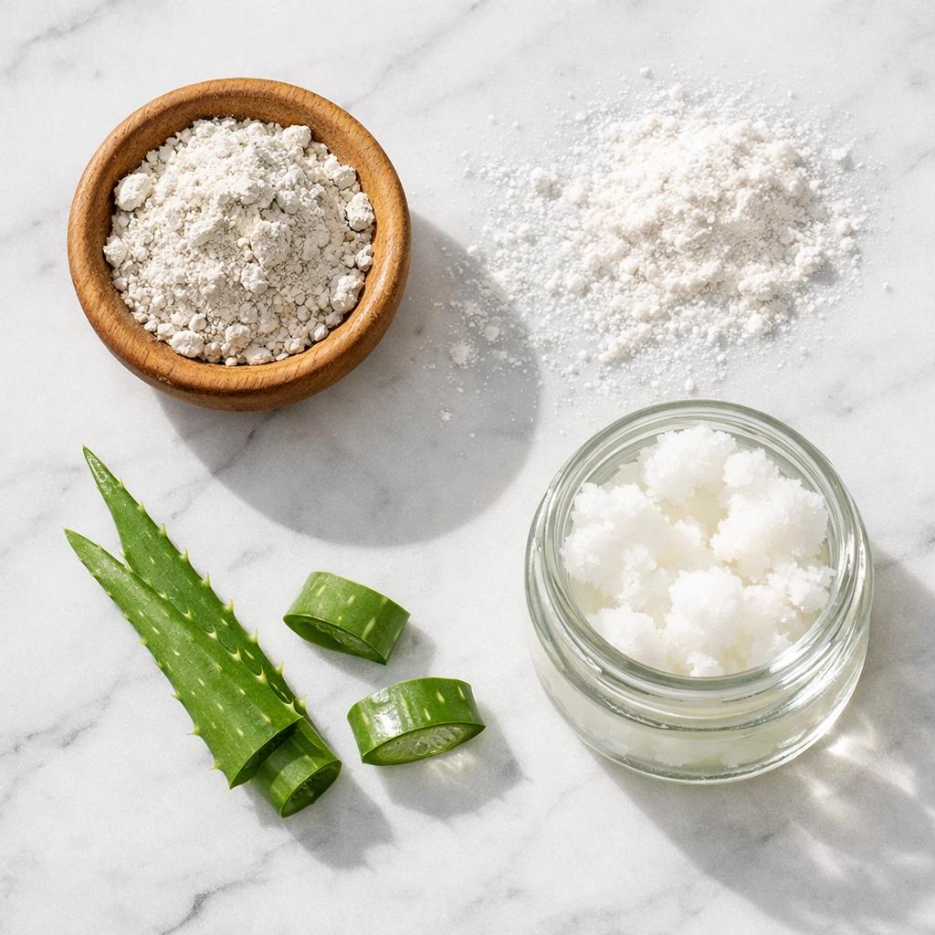 Natural aluminum free deodorant ingredients including bentonite clay and coconut oil