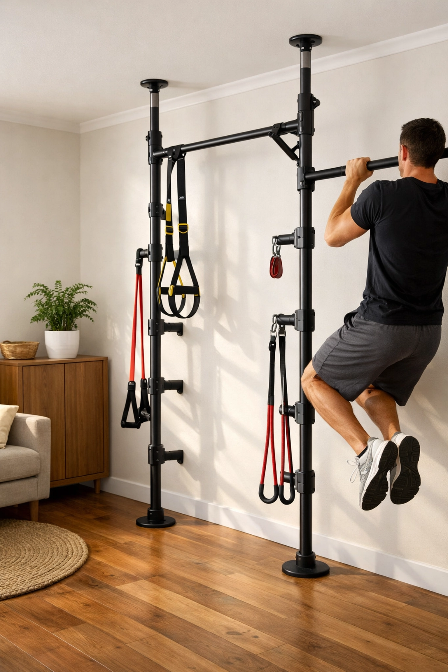Floor-to-ceiling home gym setup with pull-up bar and resistance bands in apartment