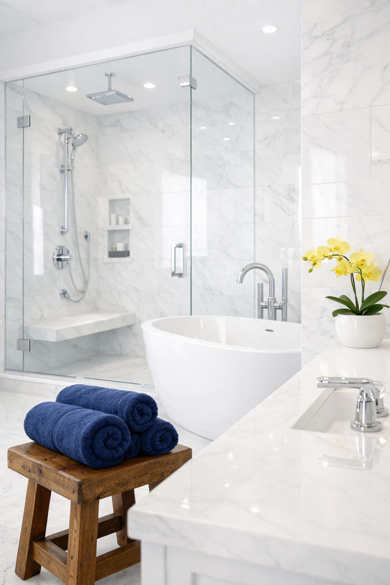 Pristine marble bathroom with sparkling fixtures cleaned by professional housekeepers in Provincetown.
