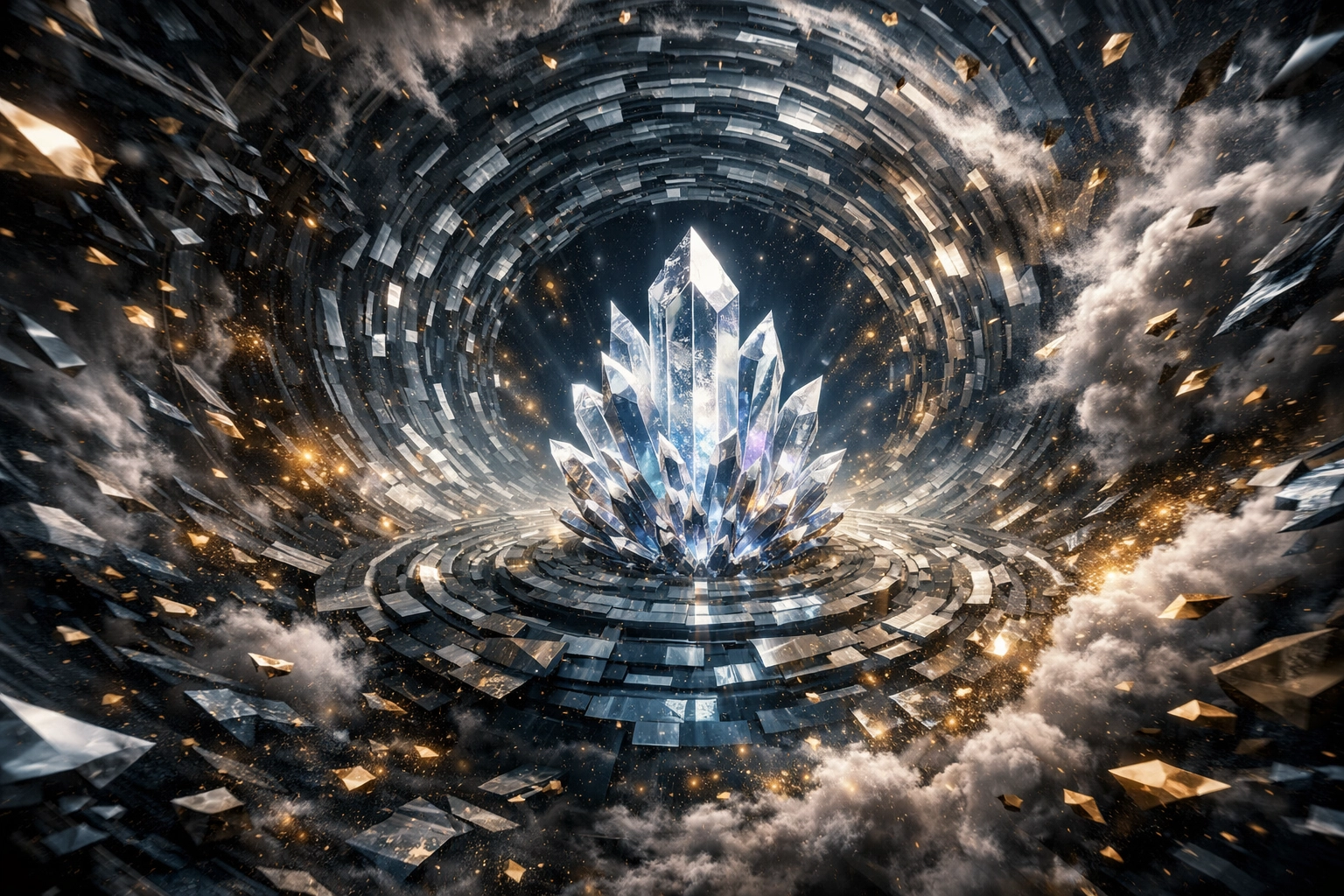 A luminous crystal calm center in a cosmic vortex, symbolizing leadership stability and high performance.