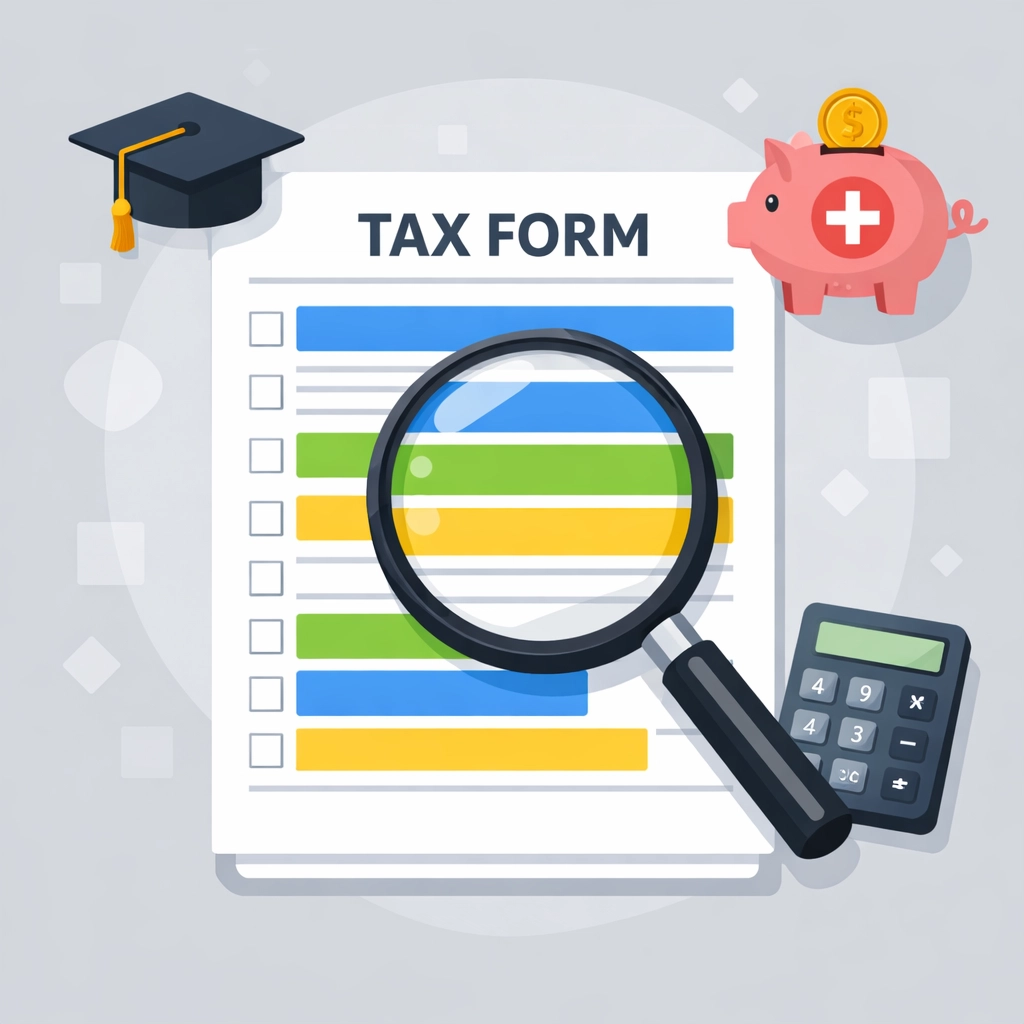 Tax form with magnifying glass highlighting above-the-line deductions to maximize refund