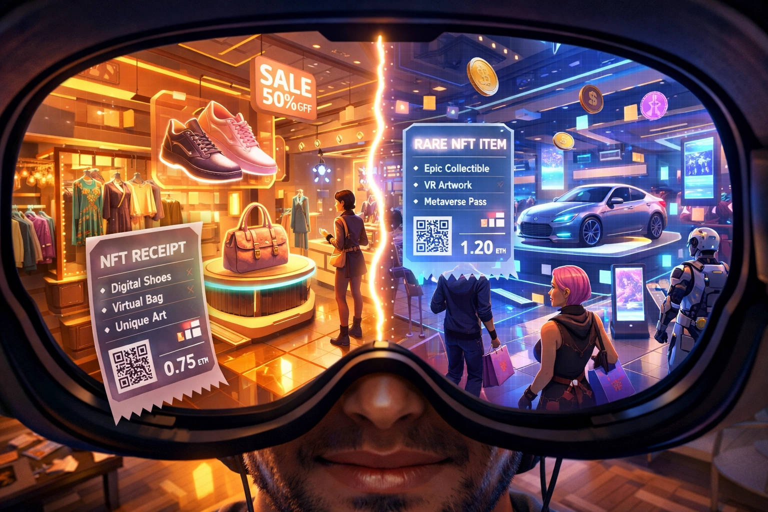 Shopper using VR headset to browse virtual metaverse mall with NFT receipts and holograms