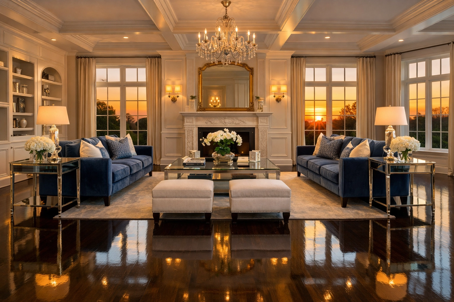 Spotless Newton MA estate living room after professional deep cleaning services.