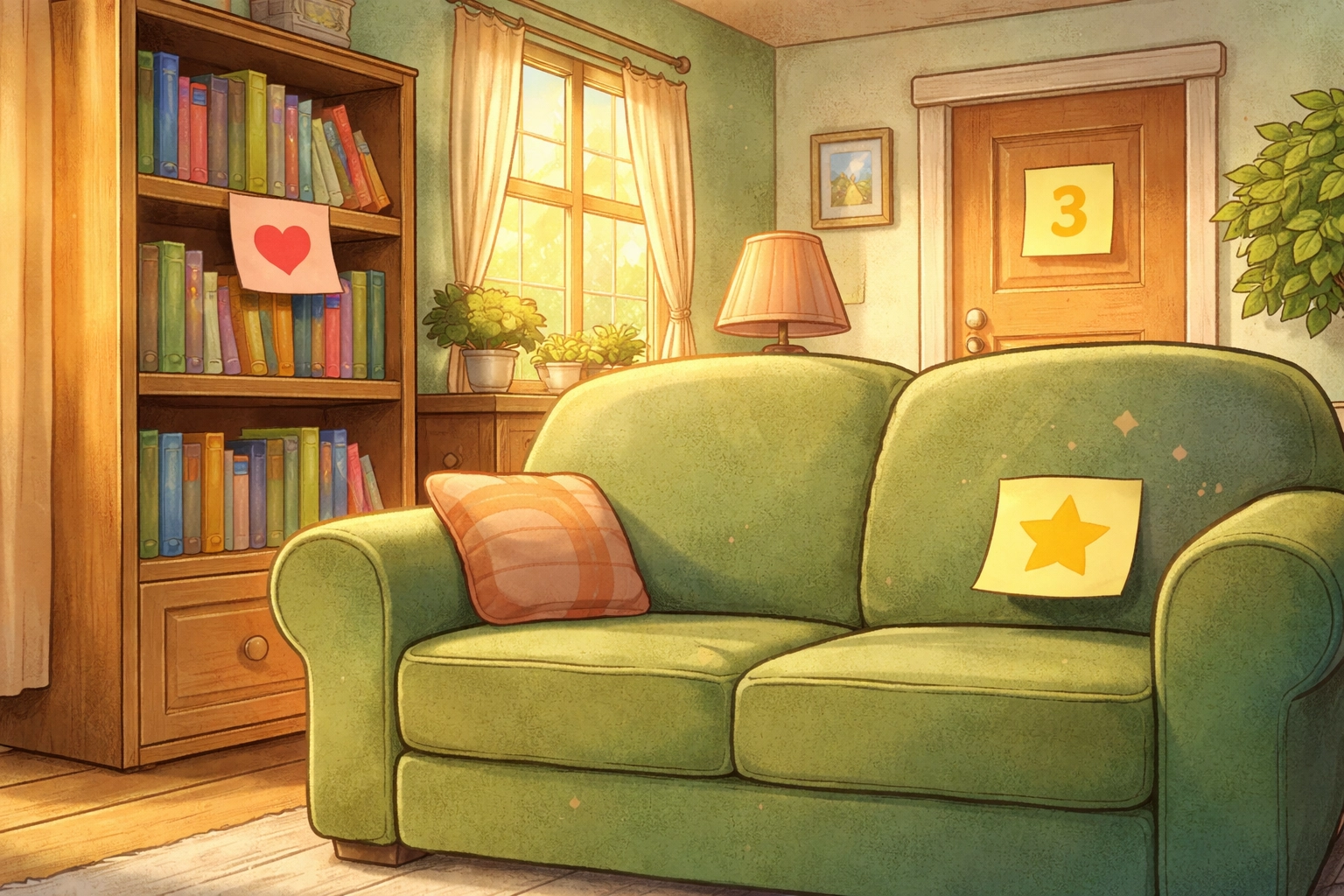 Living room with sticky notes and symbols on furniture as mail delivery stops for children's mail route activity.