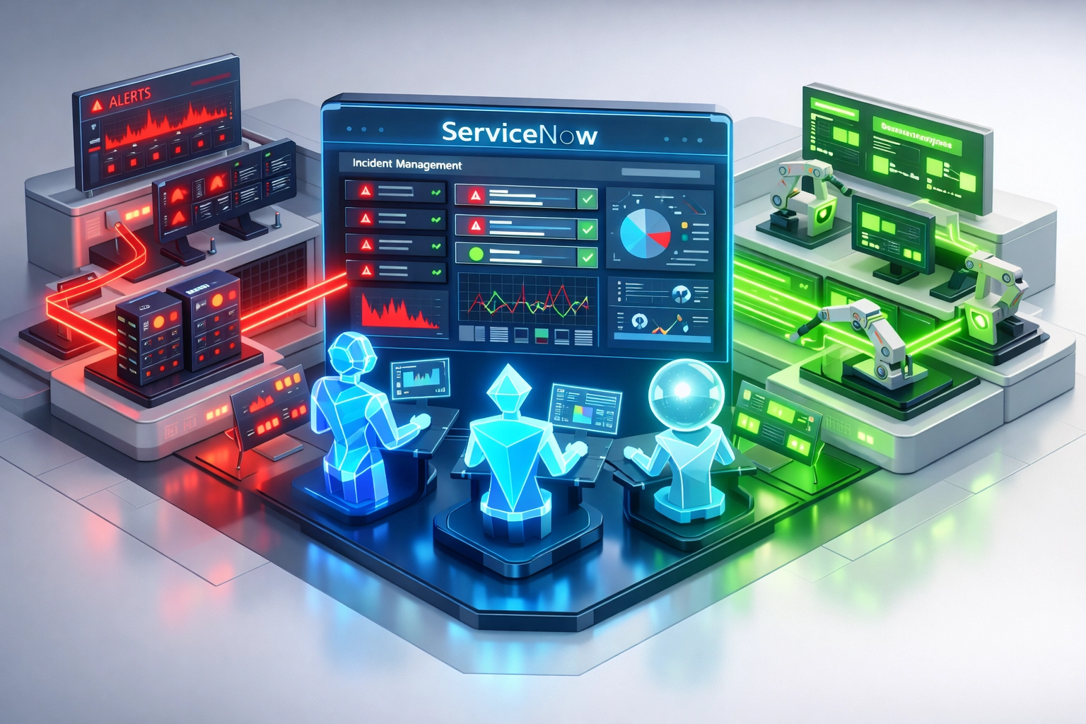 ServiceNow Agent Workspace showing autonomous AI routing incidents from alerts to resolution