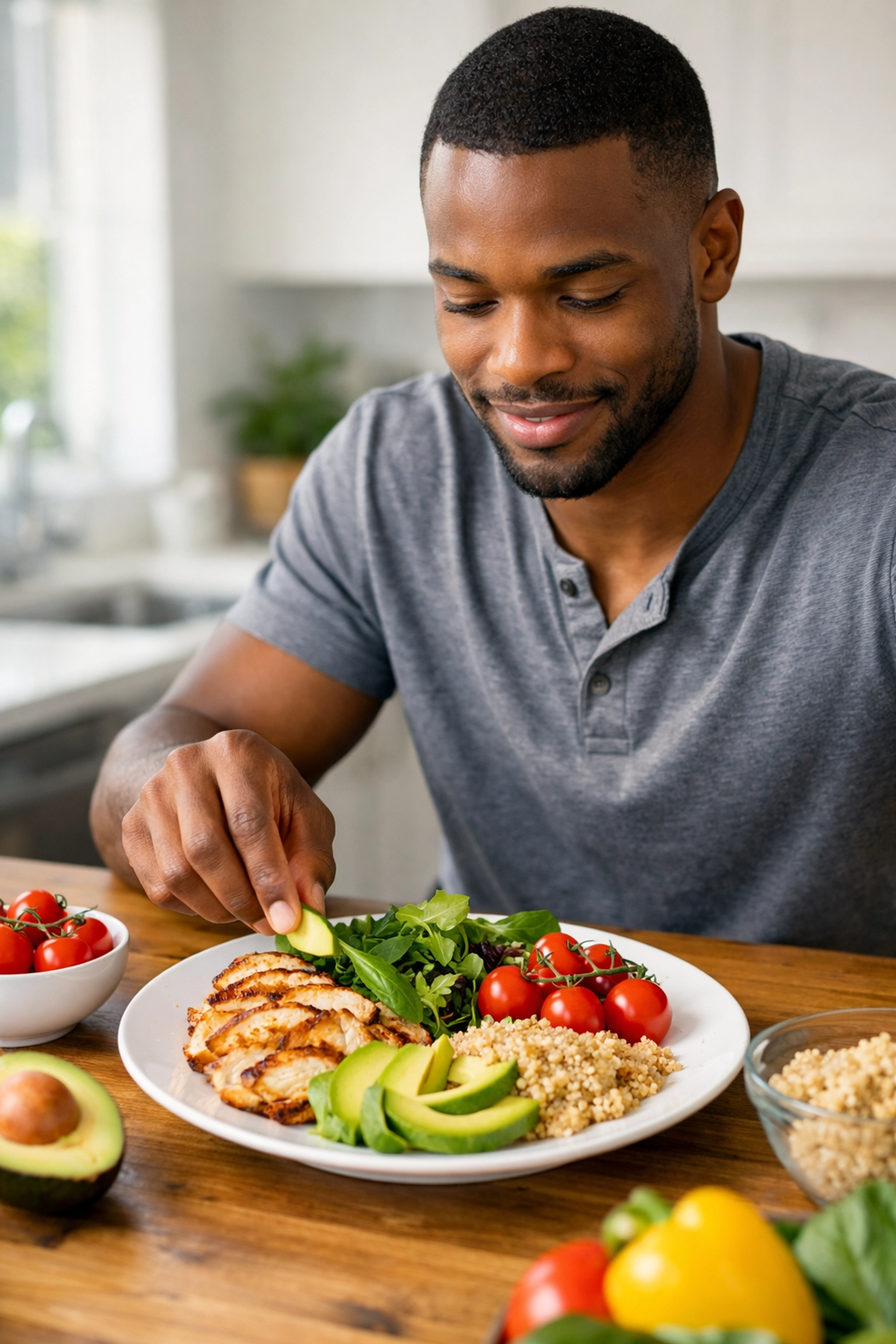 Preparing a balanced lunch with lean protein, vegetables, healthy fats, and whole grains