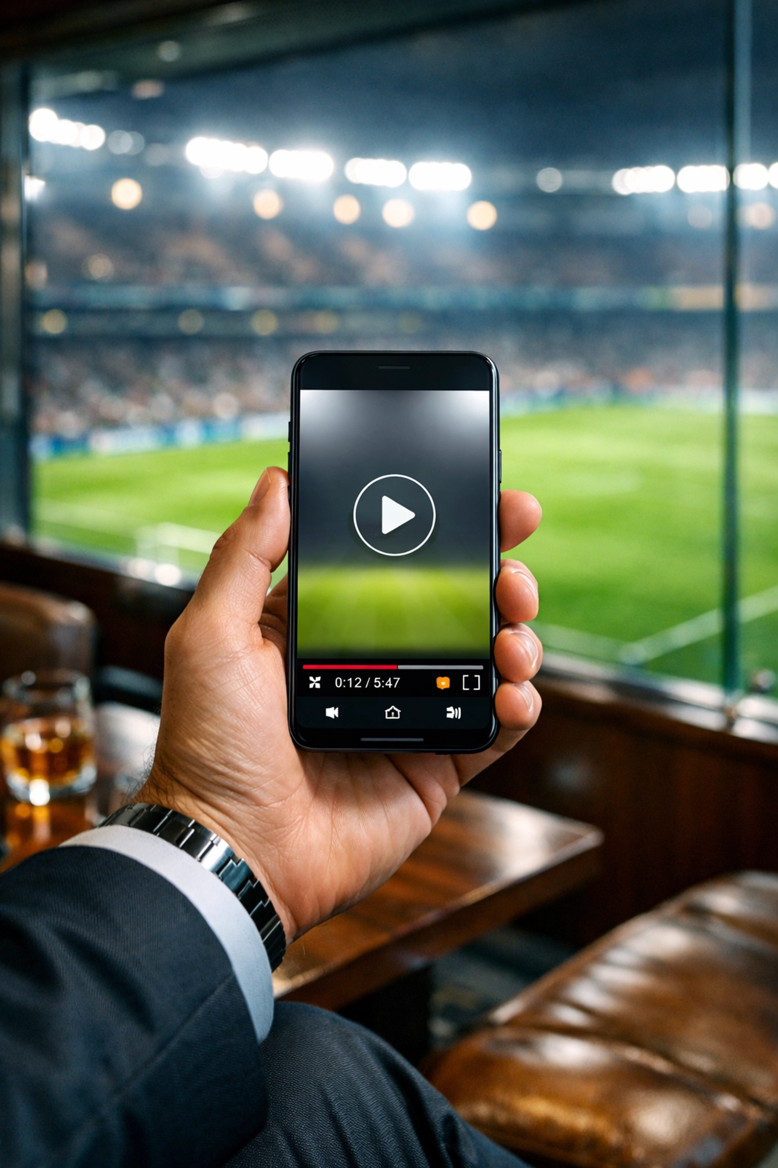 Executive in a luxury stadium suite managing brand engagement and VIP hospitality during the Super Bowl.