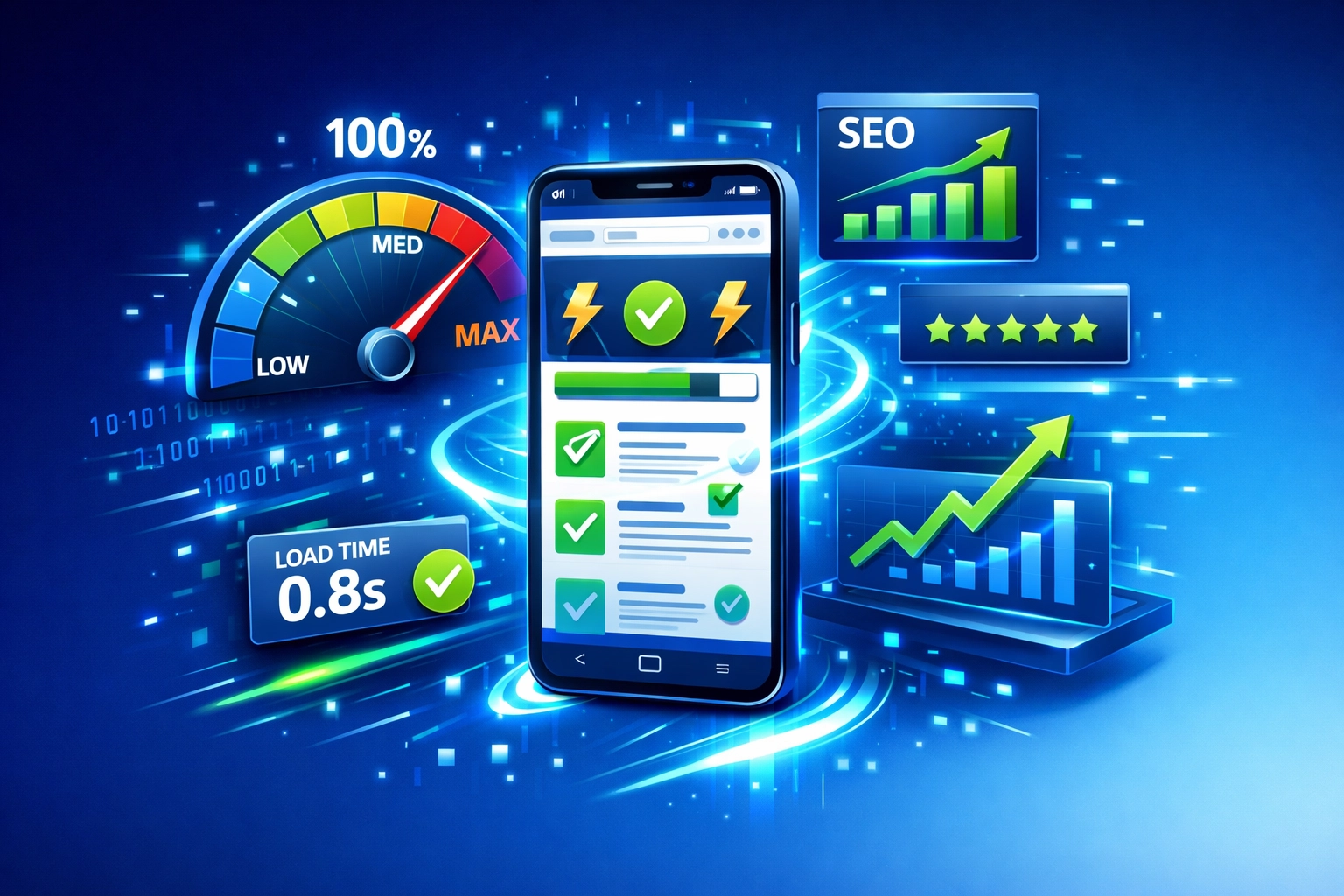 Smartphone affichant des indicateurs de vitesse et métriques de performance web mobile optimale