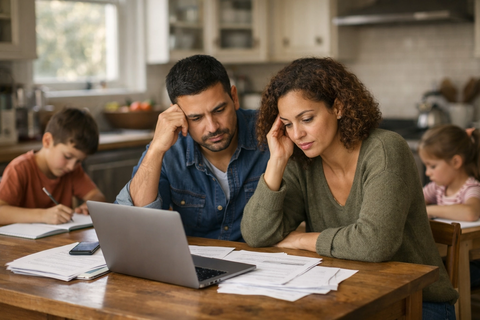 Couple entrepreneurs managing stress at home while their children are nearby, showing the reality of balancing work, marriage, and parenting.