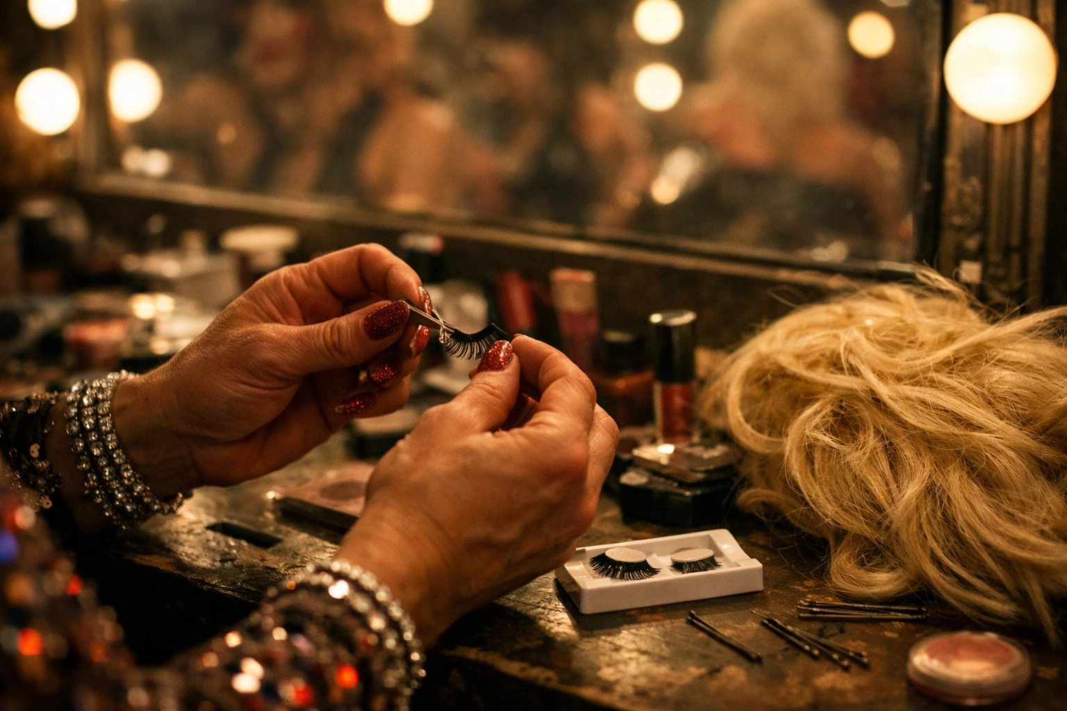 Drag queen applying makeup backstage before first performance with cheap wig nearby