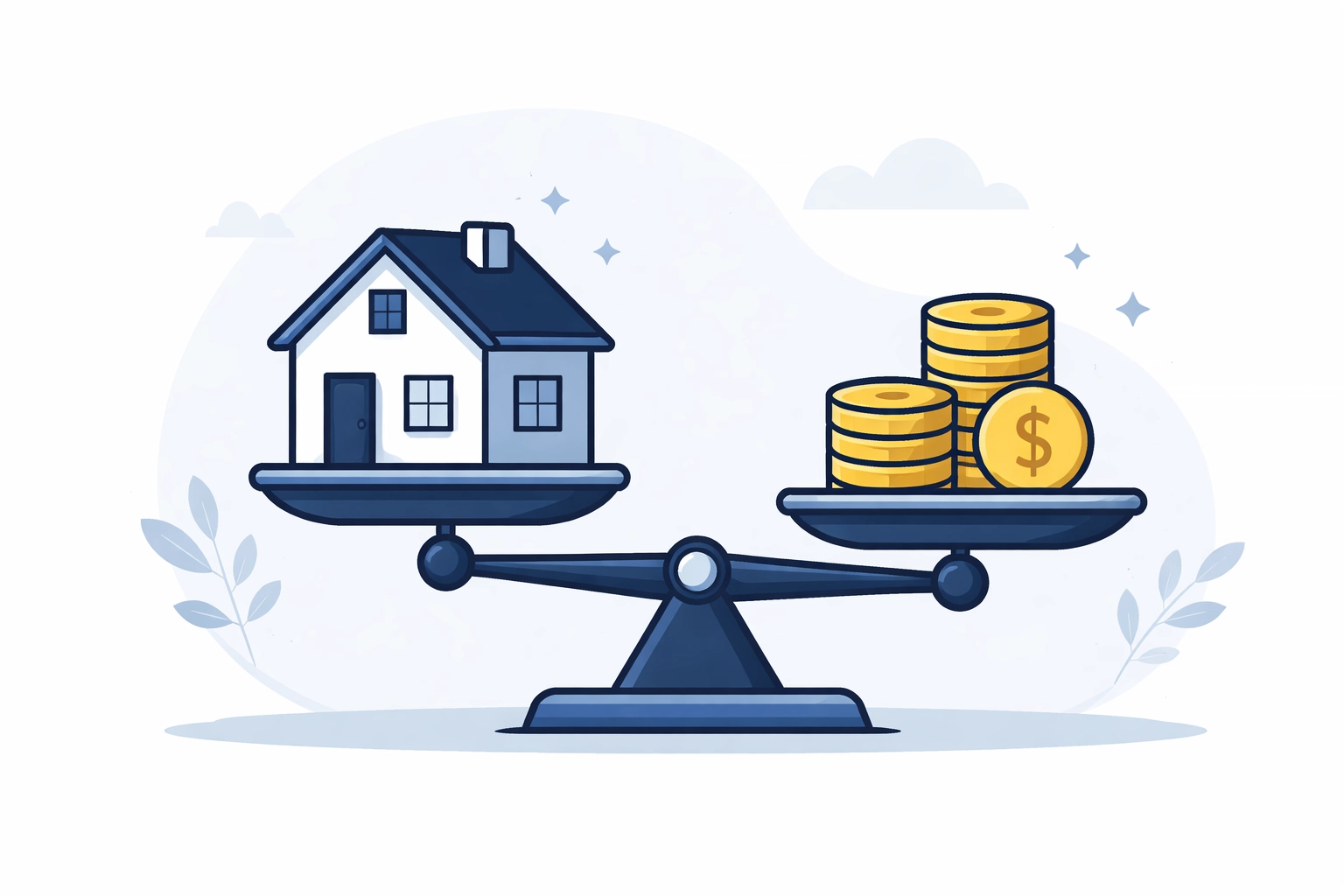 Balanced scale with house and coins showing the value versus cost of property management services for real estate investors.