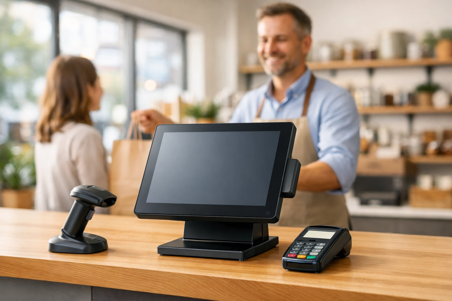 Modern EPOS system with touchscreen terminal and card reader on retail shop counter