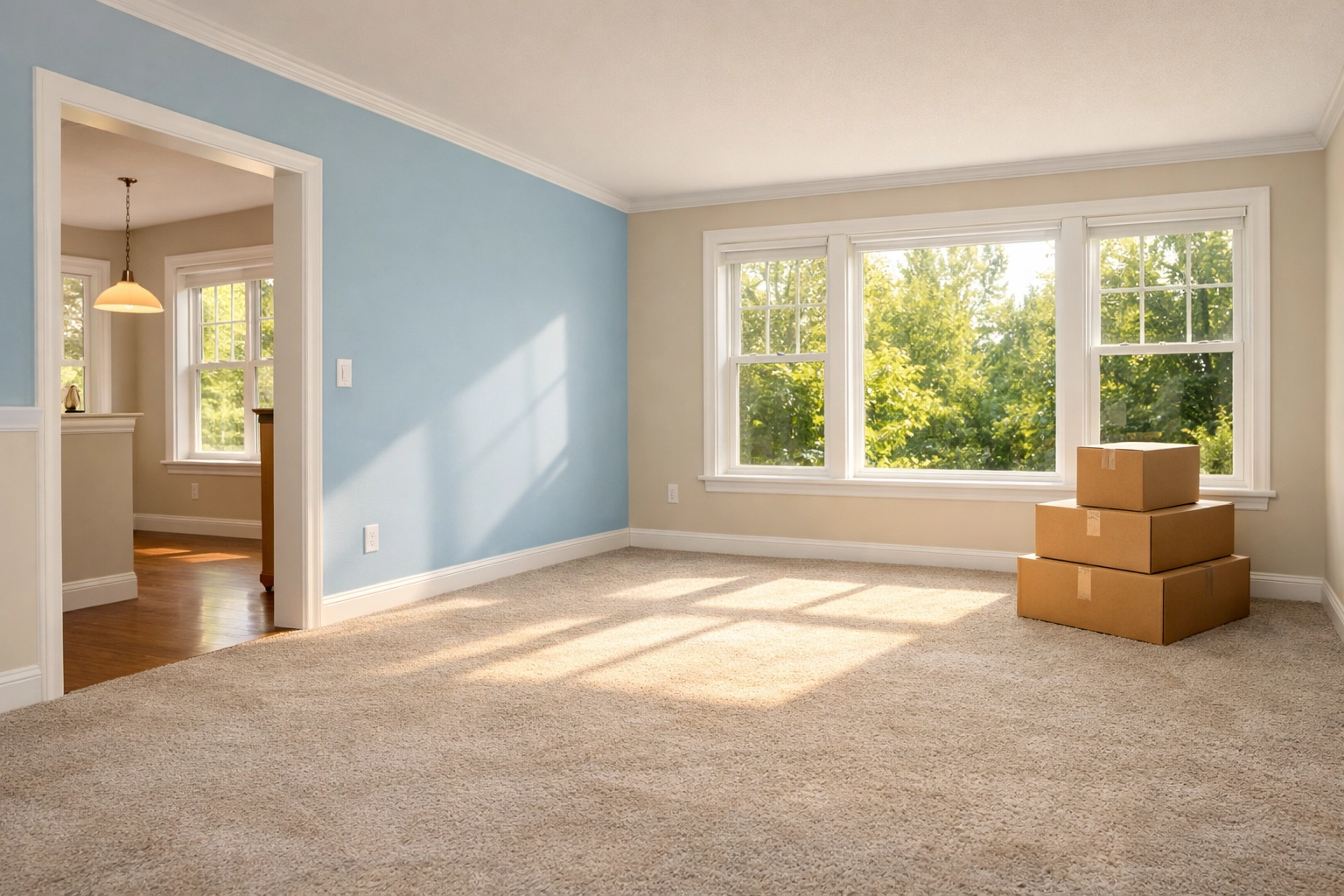 Cleaned Pawtucketville living room with vacuumed carpet following move-in/move-out cleaning Lowell.