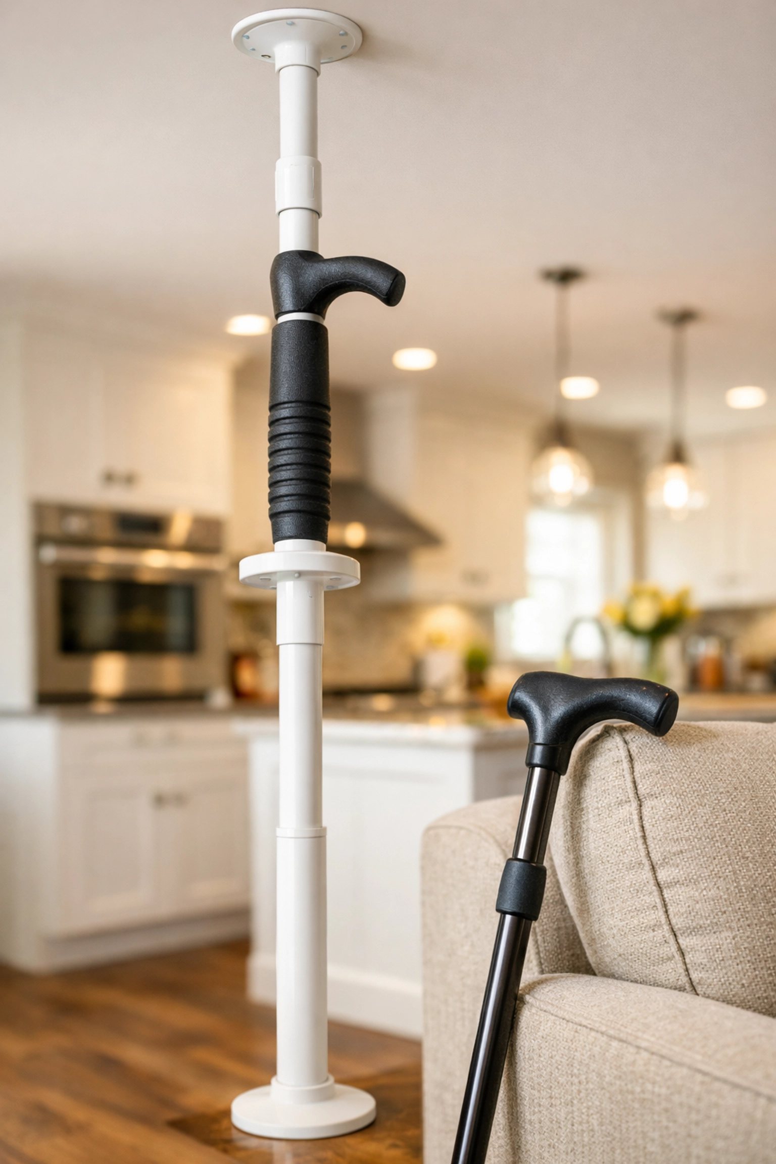 A floor-to-ceiling support pole and ergonomic walking cane provide essential mobility aid and balance for seniors.