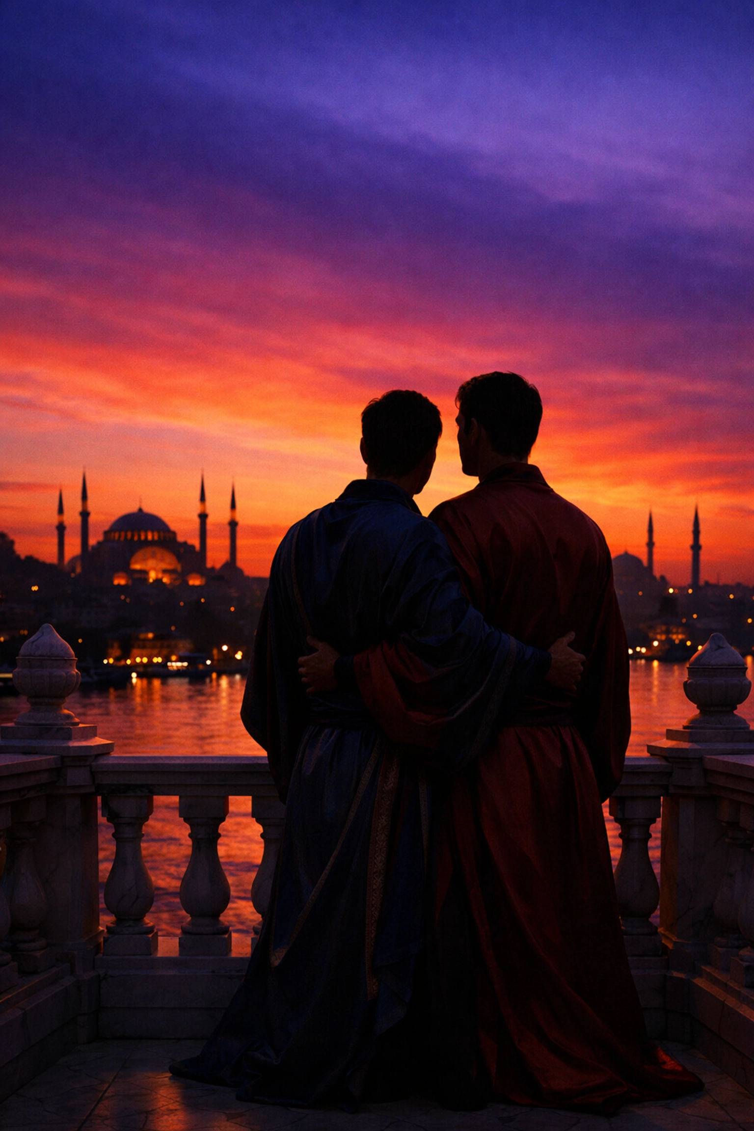 Two men in silk robes embrace on a balcony overlooking Istanbul, a scenic moment from a gay historical romance.