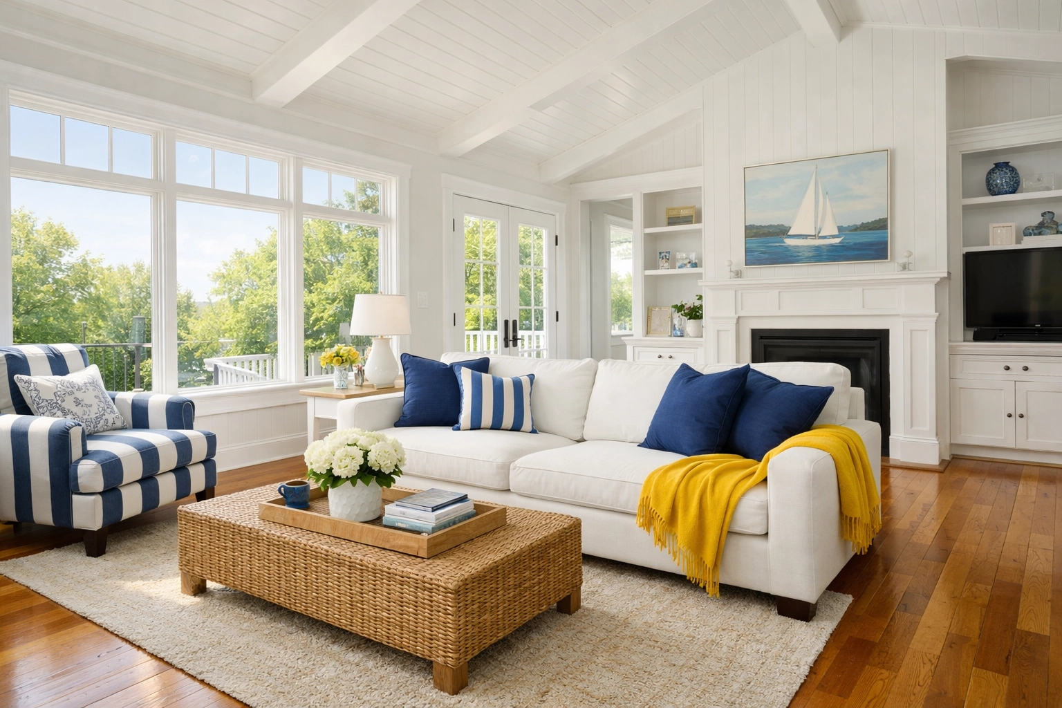 Clean, sun-drenched New England living room with polished floors, showcasing professional house cleaning in Dunstable MA.