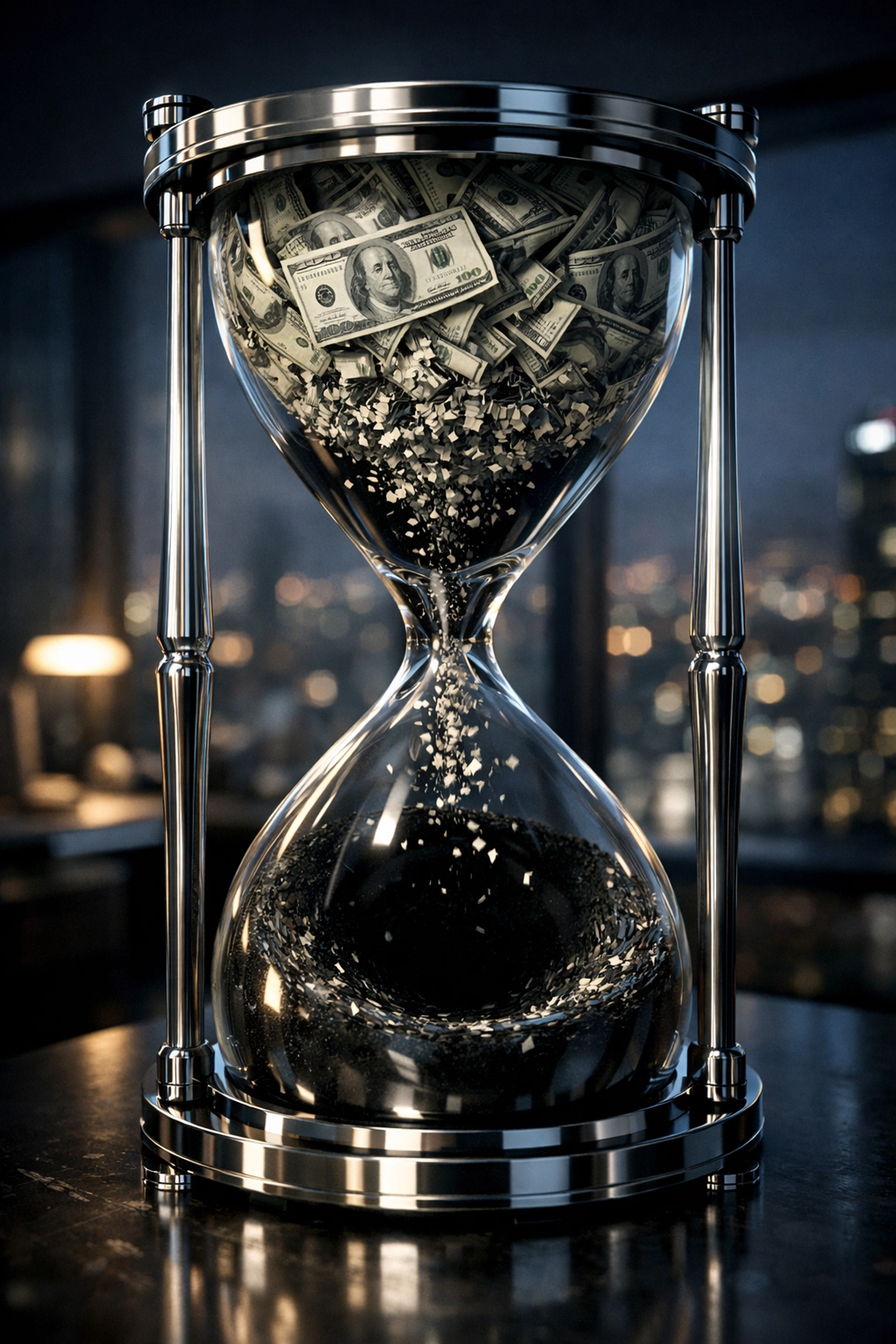 An hourglass shredding dollar bills illustrating the hidden financial leaks of expensive virtual assistants.