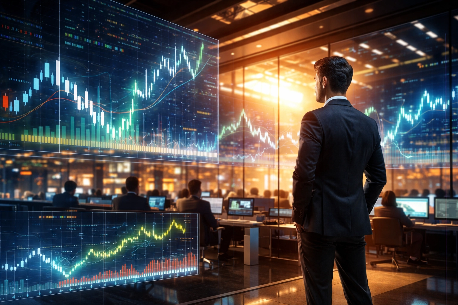 Investor analyzing digital stock charts on a futuristic trading floor, highlighting hedge fund strategy analysis in 2026.