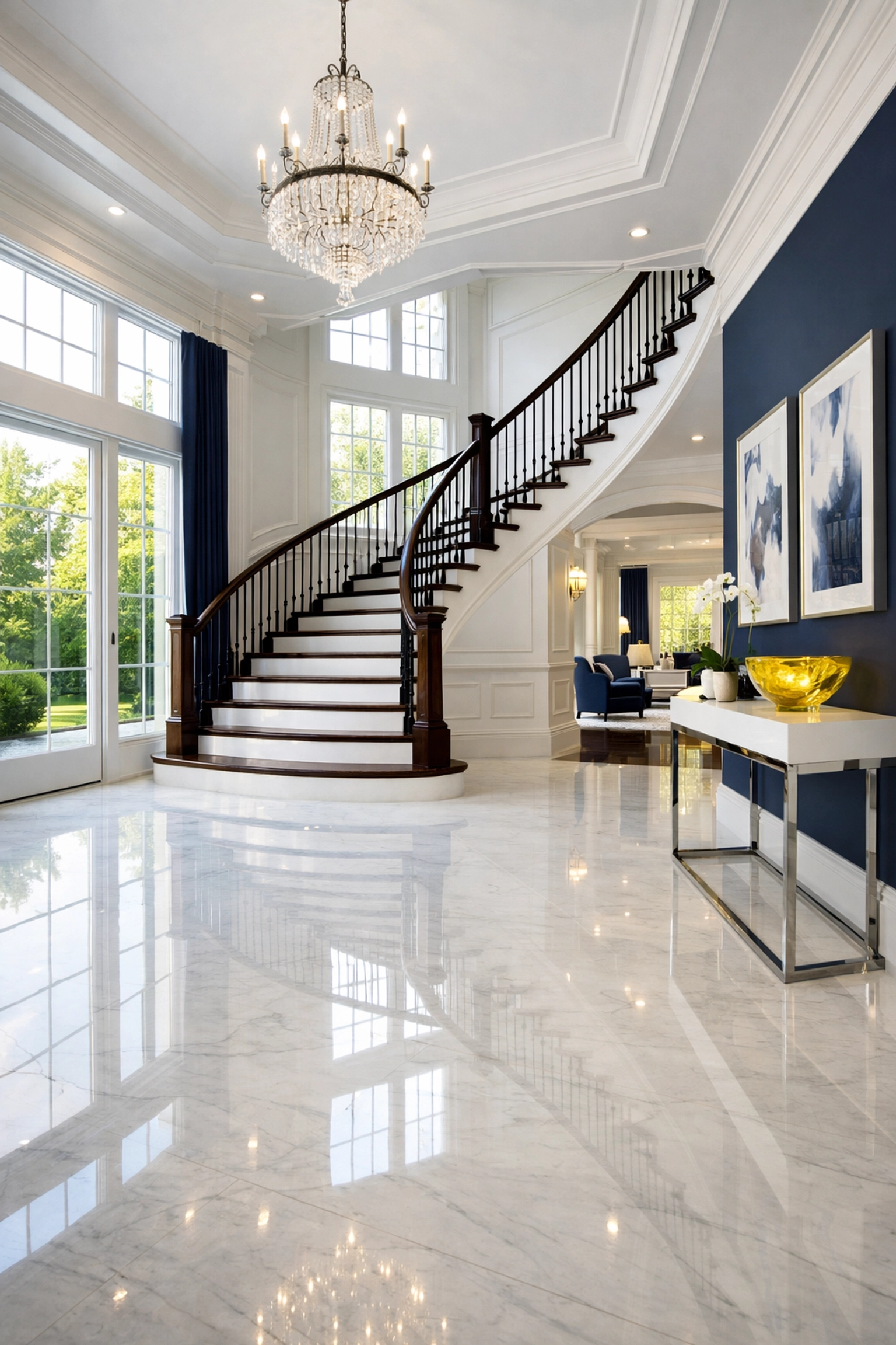 Pristine Dover estate foyer highlighting premium residential cleaning Massachusetts results on polished marble floors.