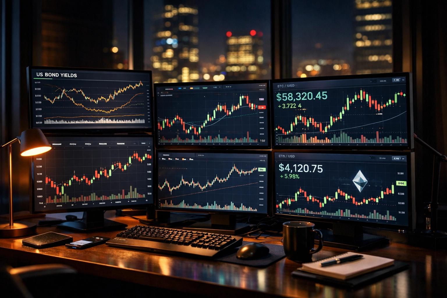 Trading desk with monitors displaying traditional financial charts and cryptocurrency market data side by side