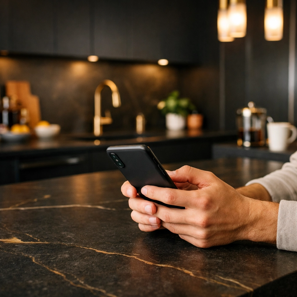Tenant signing a digital property check-in report on a smartphone in a modern residential kitchen.