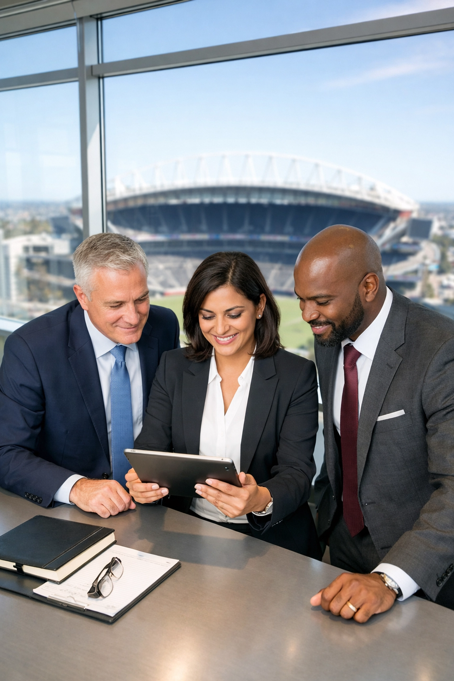 Corporate executives strategizing for Super Bowl networking ROI in a modern high-rise office.