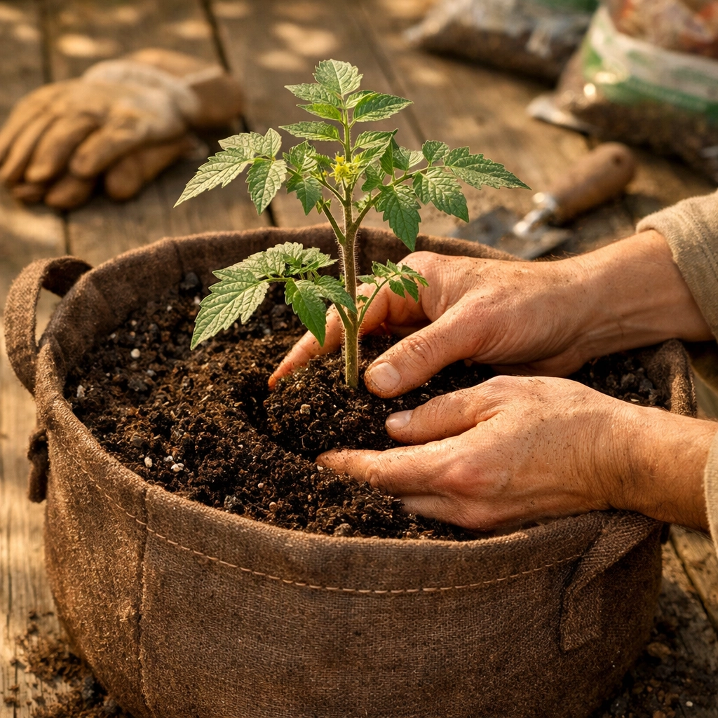 Planting Cherokee Purple tomato in fabric grow bag with potting soil