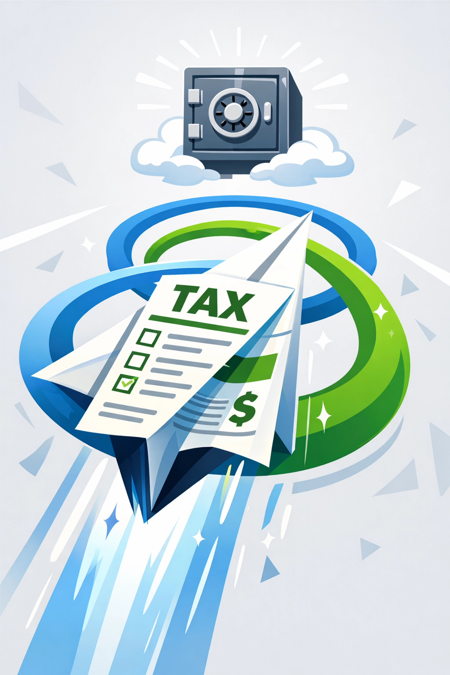 Digital tax form flying toward a vault representing fast e-filing and secure refund processing.