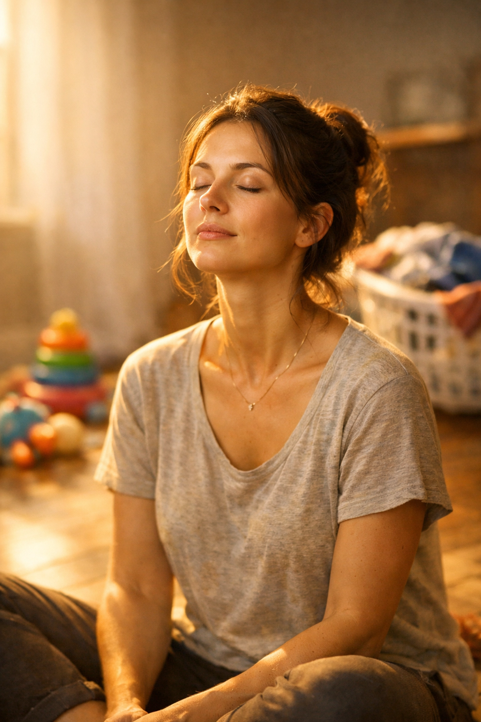 New mother meditating to reduce postpartum stress and support healthy weight loss.