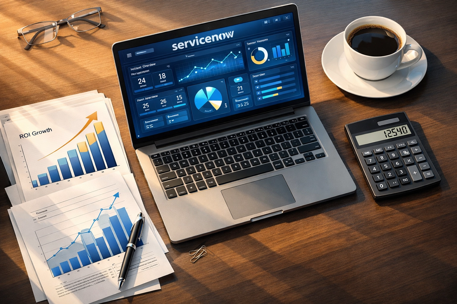 ServiceNow dashboard with financial charts showing implementation ROI and consulting cost analysis