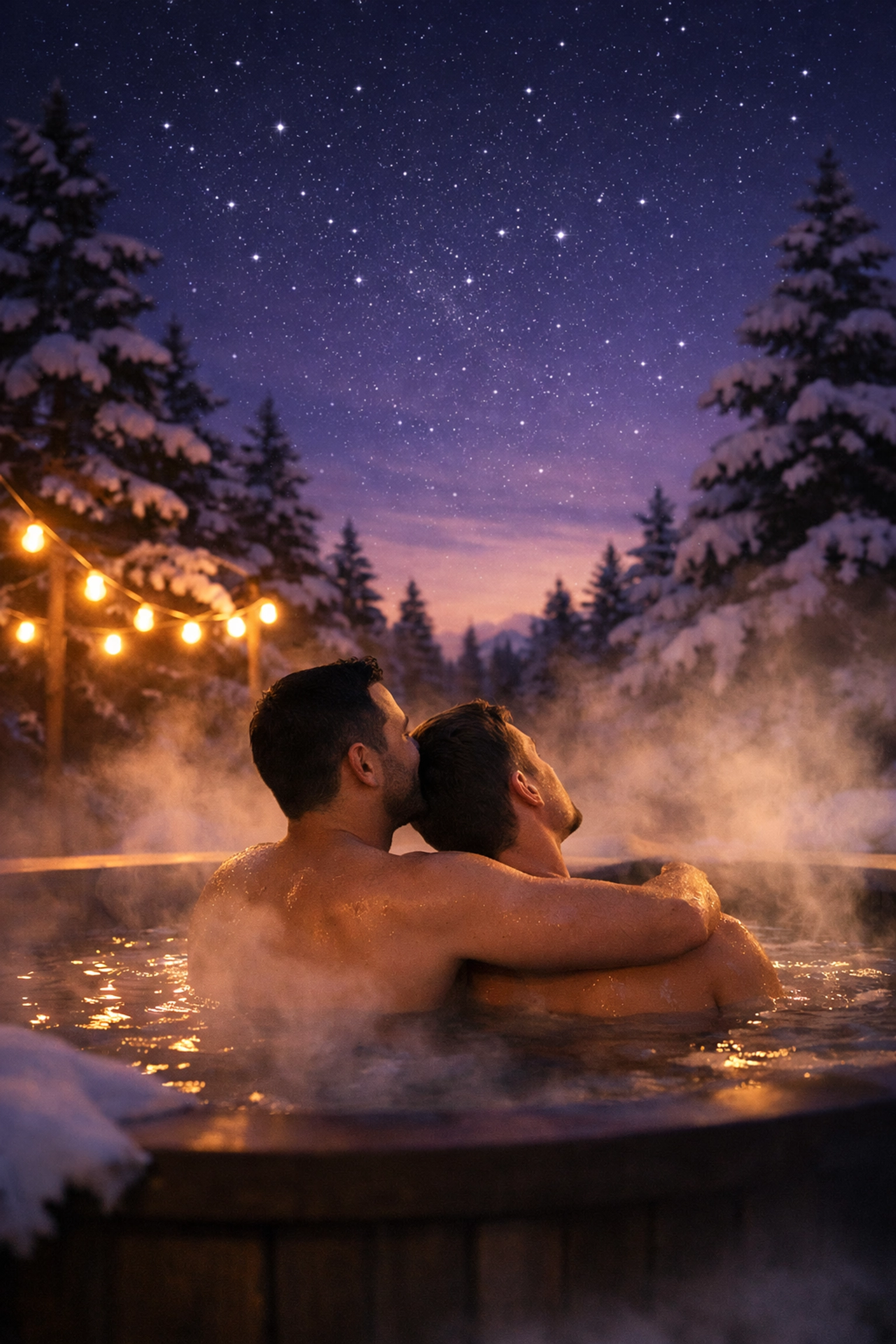 Gay couple relaxing together in outdoor hot tub at twilight during romantic cabin retreat