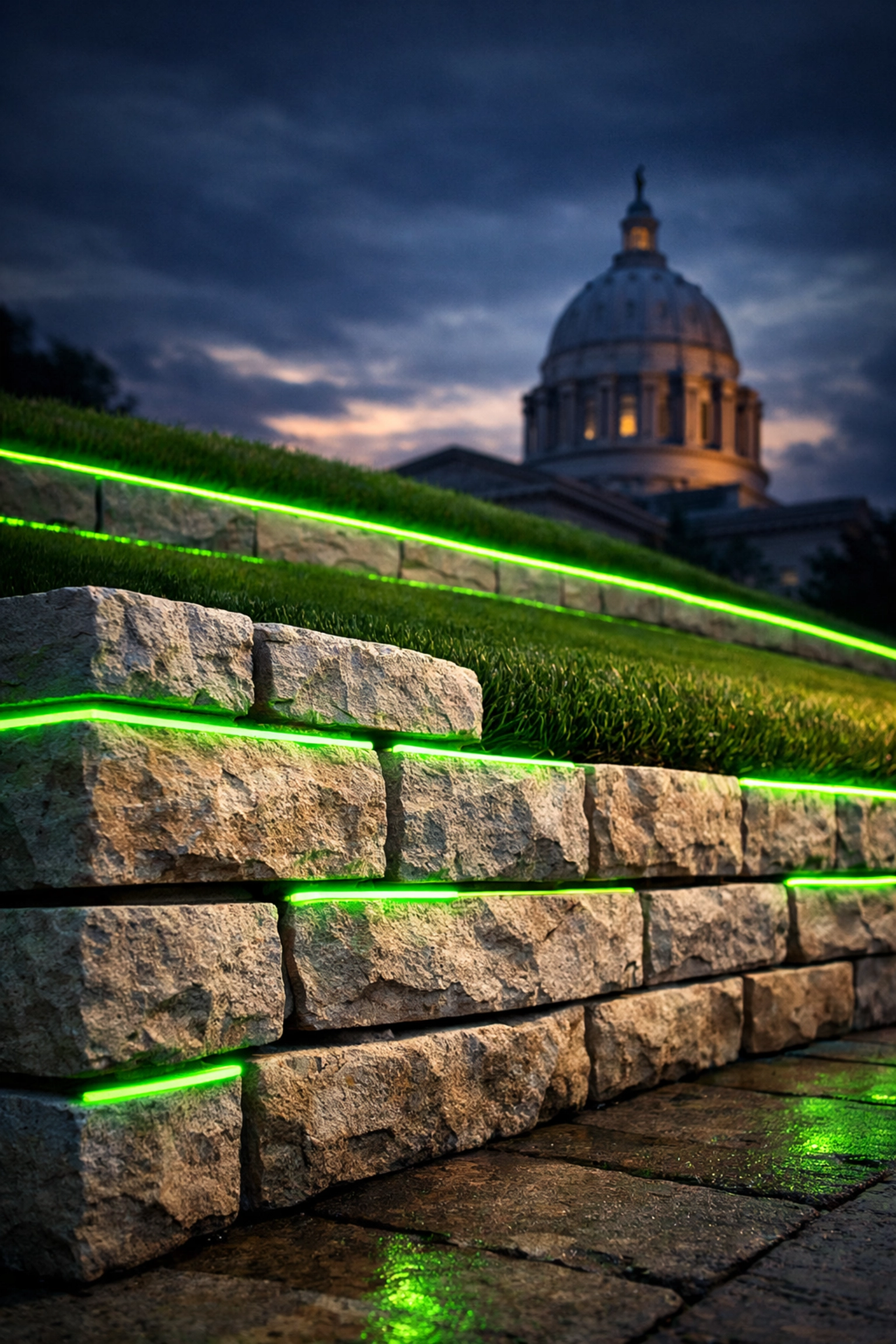 Missouri limestone retaining wall and turf with the Jefferson City Capitol dome silhouette.