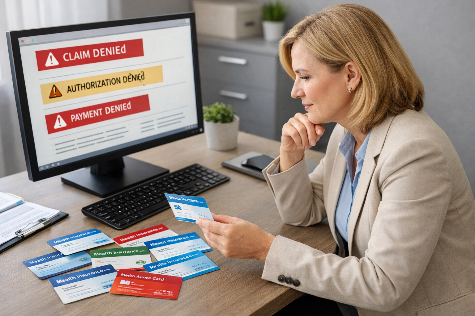 Your Clinic Sent Clean Claims: So Why Did January 2026 Denials Spike? The WISeR Pilot Explained Clinic administrator reviewing multiple insurance cards and claim denial notifications at desk