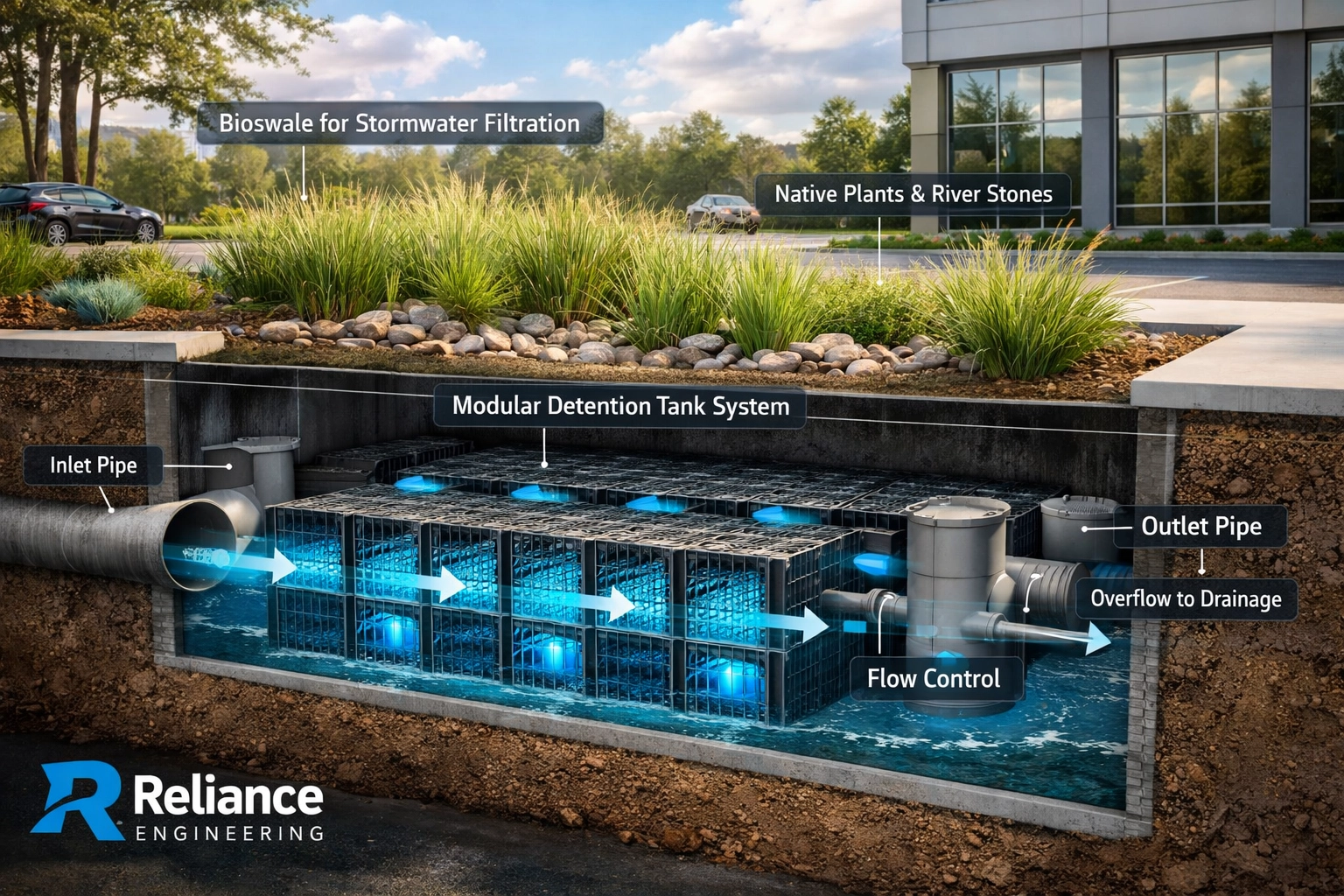 Sustainable stormwater management design featuring bioswales and underground detention tanks.