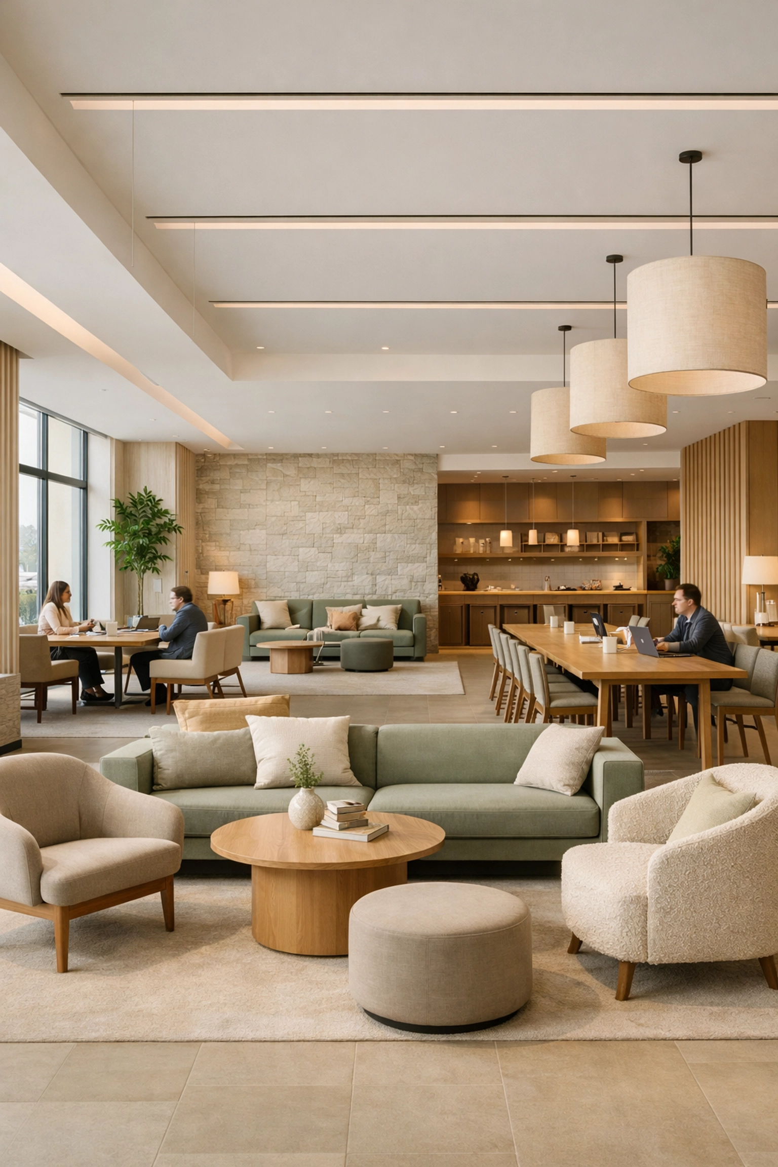 Multi-functional hotel lobby and co-working area managed via a flexible hotel property management system.