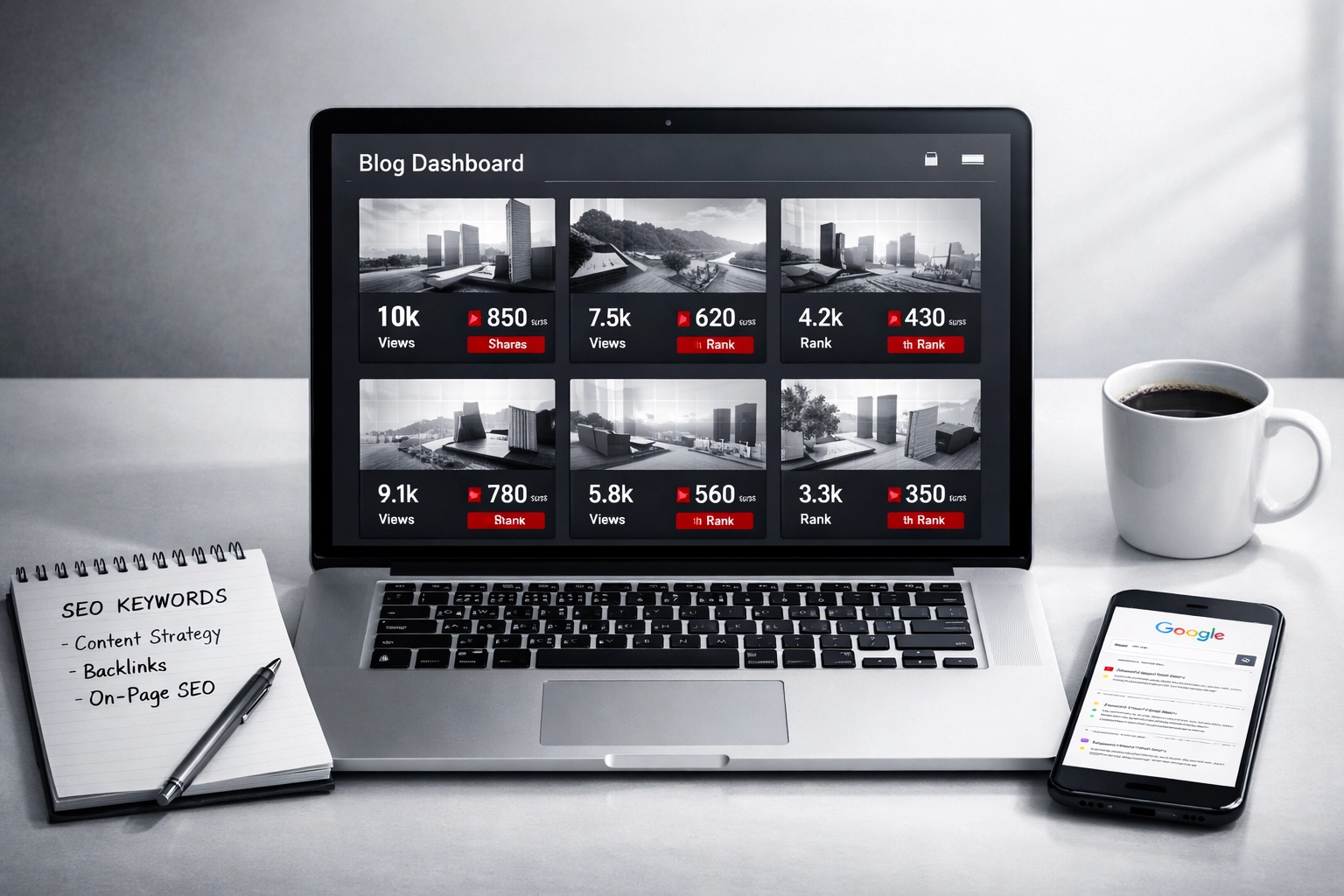 Laptop showing blog dashboard with SEO keyword planning and search results