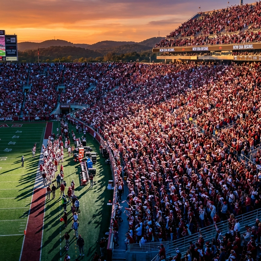 Crowd celebrates at packed Arkansas college football stadium at sunset, reflecting excitement for Razorbacks football.