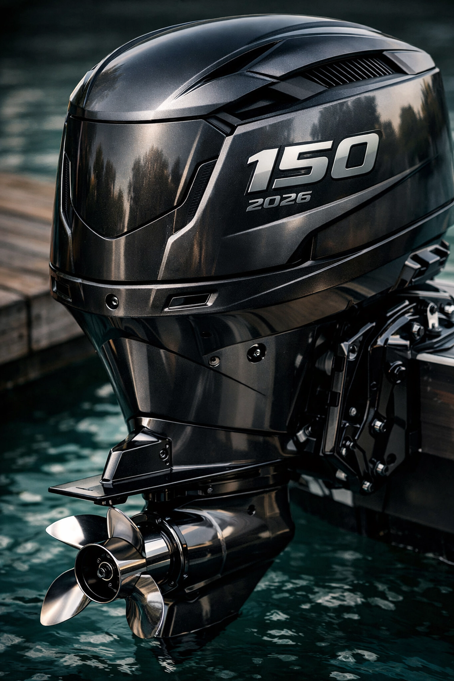 Close-up of a high-performance 150hp outboard motor on a modern 2026 pontoon boat.