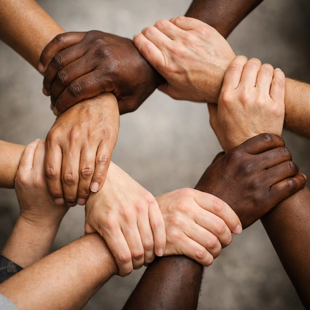 Diverse hands joined together representing unity and solidarity after tragedy