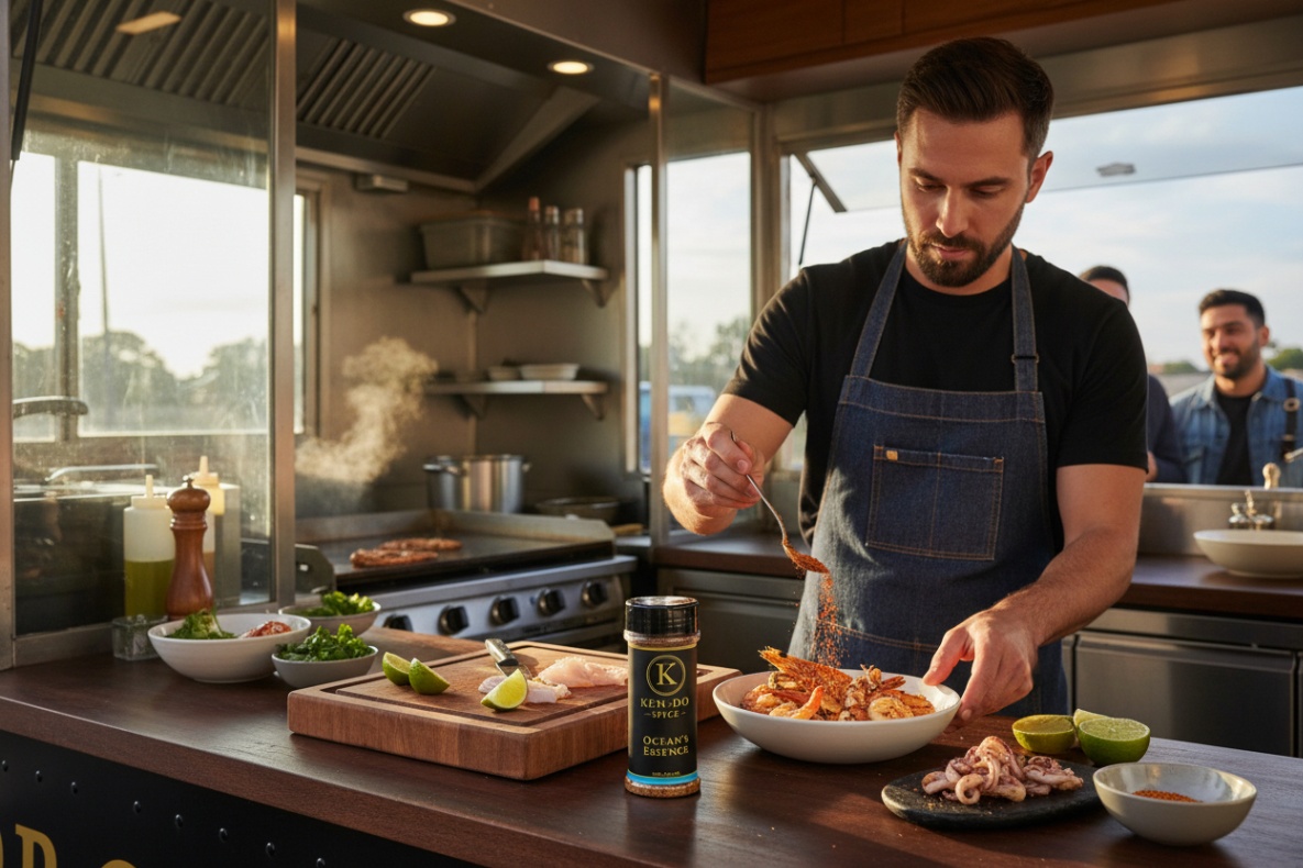 A chef sprinkles Ken-Do Spice’s Ocean’s Essence blend onto a seafood dish