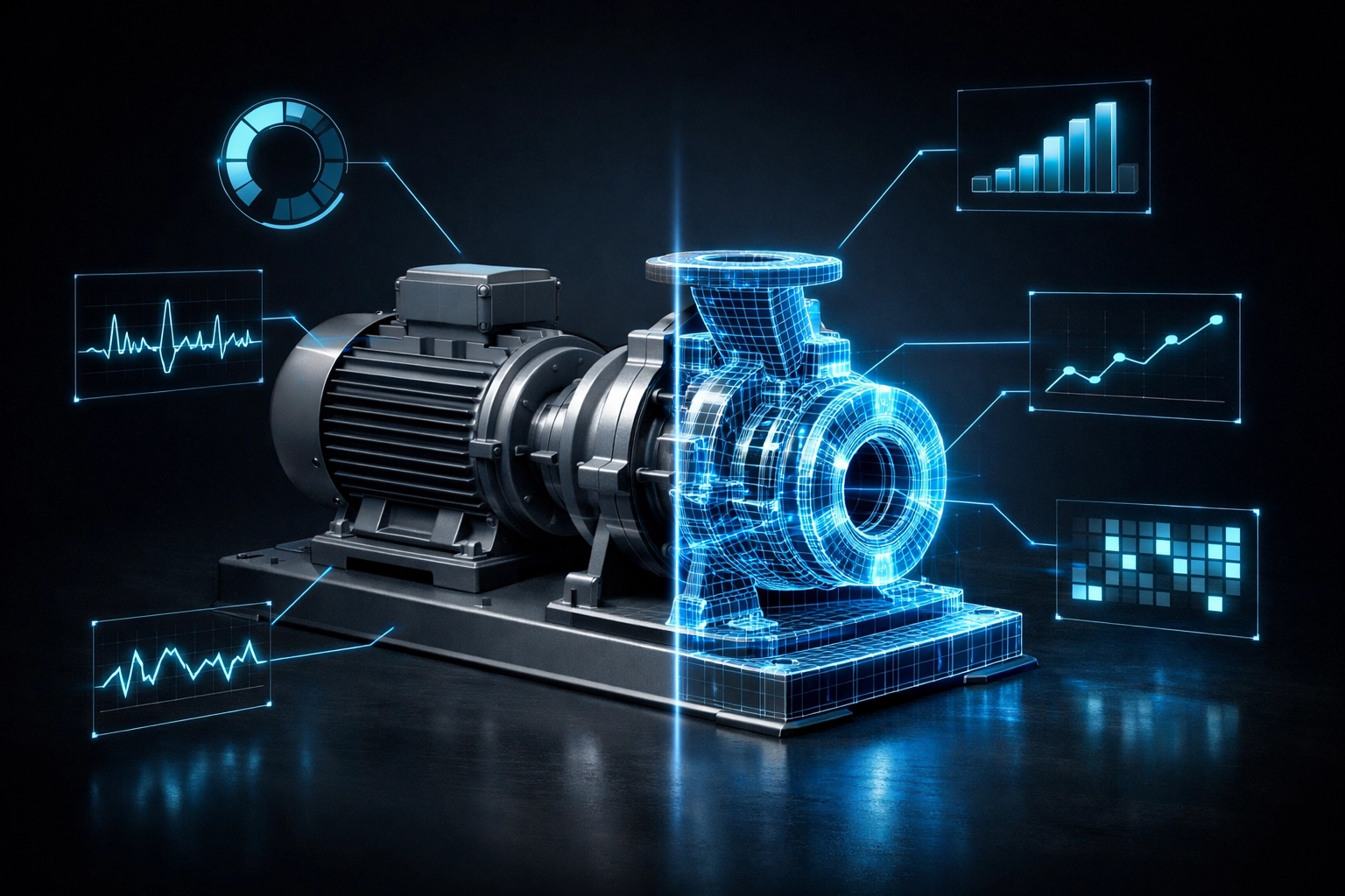 Digital twin of an industrial pump showing real-time health monitoring and predictive failure analysis.