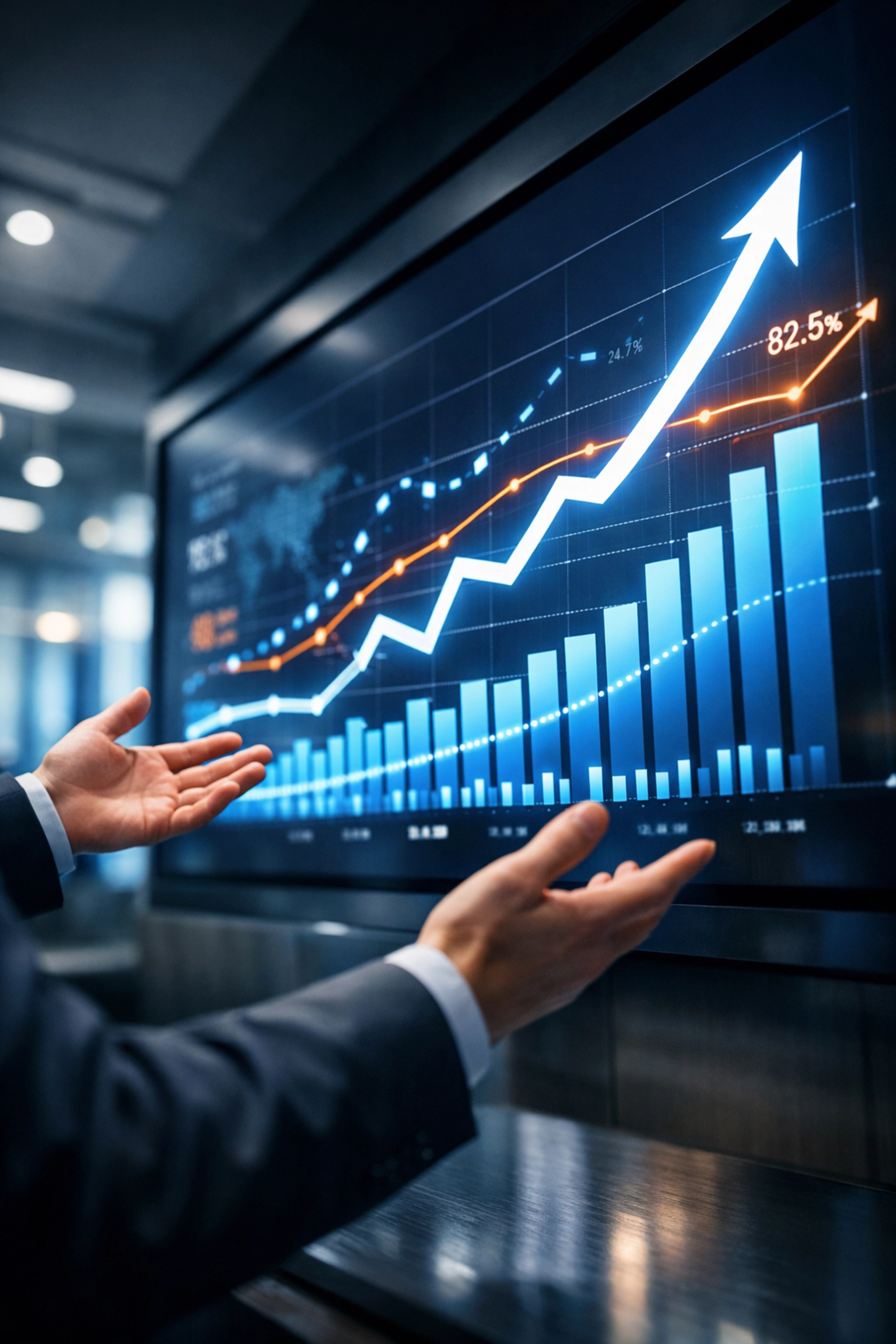 Business professional presenting upward trending growth metrics and performance analytics on digital display