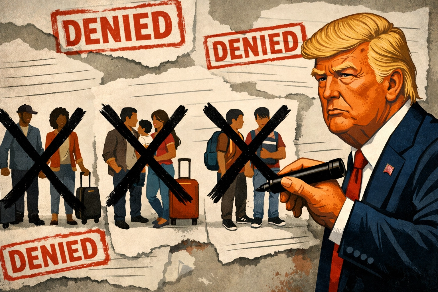 Illustration showing Trump-like figure crossing out Black and Latino visa applicants to convey exclusion from visa bans