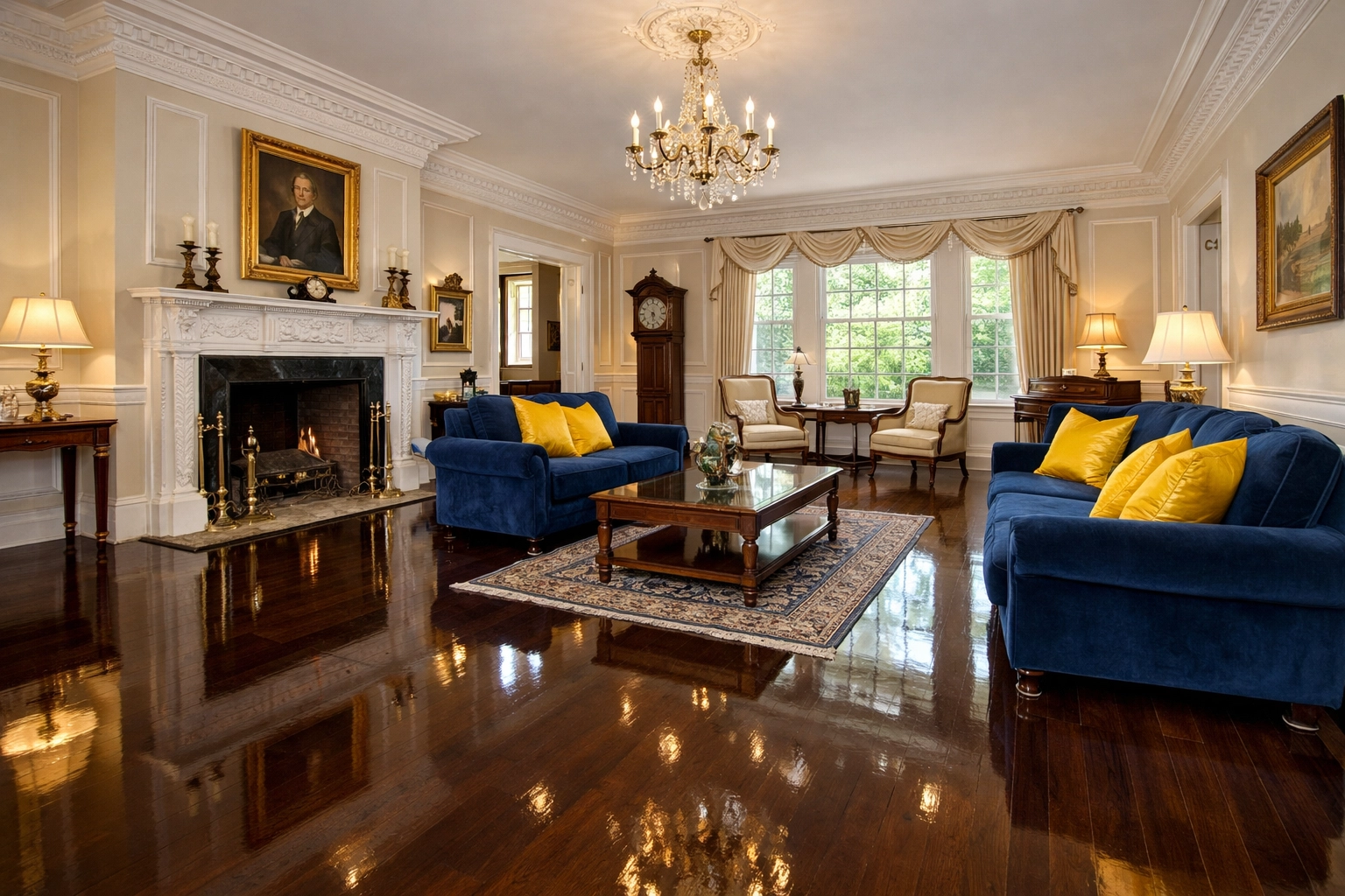 Dust-free historic Lexington living room cleaned by an expert deep cleaning service in Massachusetts.