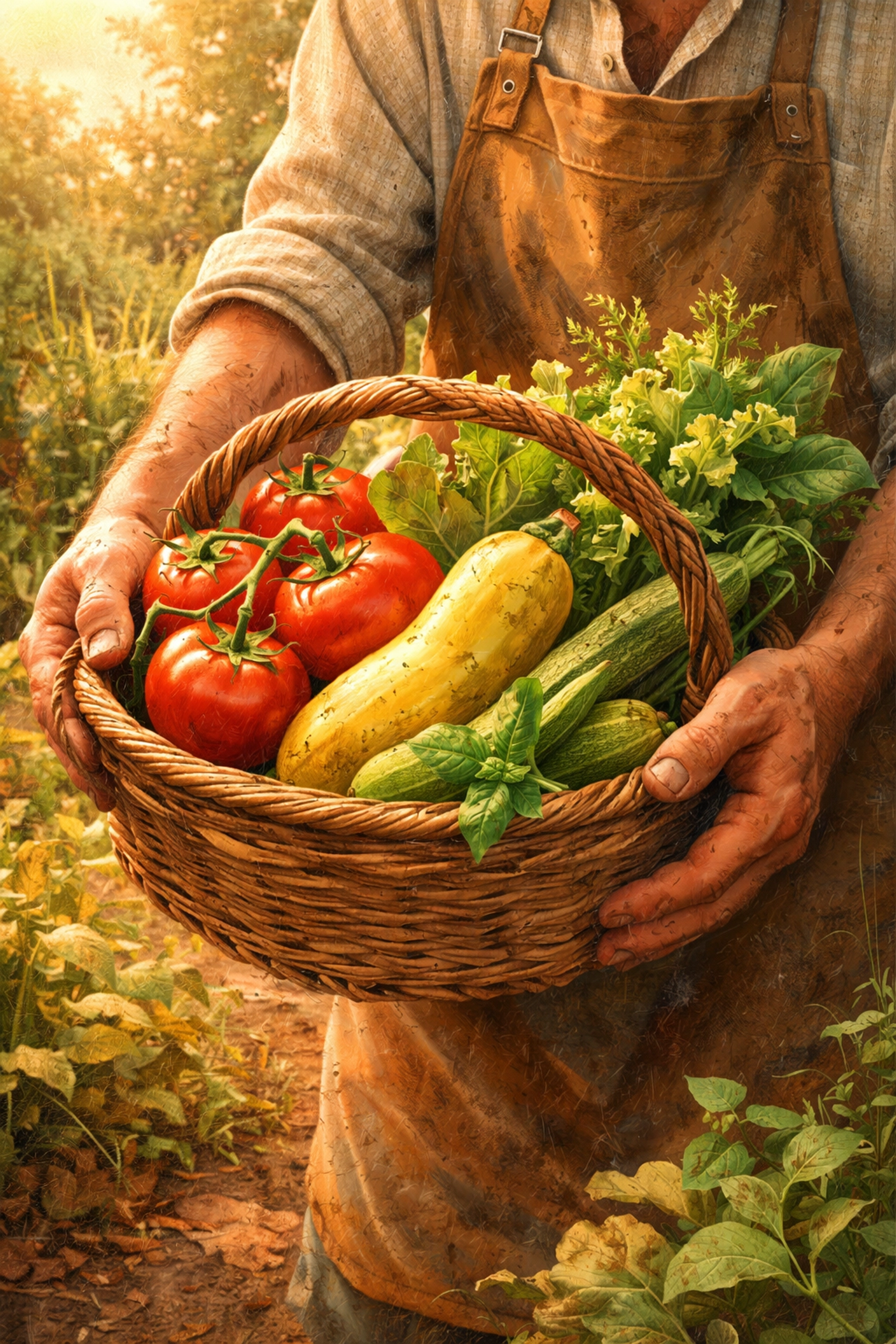 Farmer's hands holding a basket of fresh vegetables in a sunlit garden, showing farm patience and harvest.