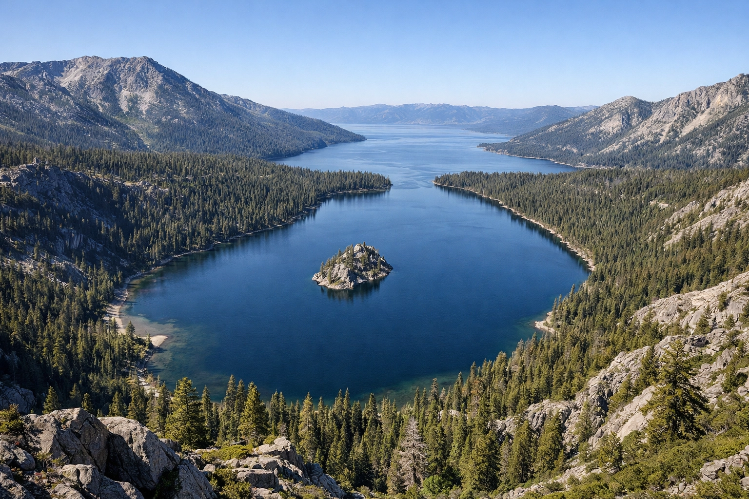 Panoramic view of Emerald Bay and Fannette Island from the Bayview Trail Overlook at sunrise.