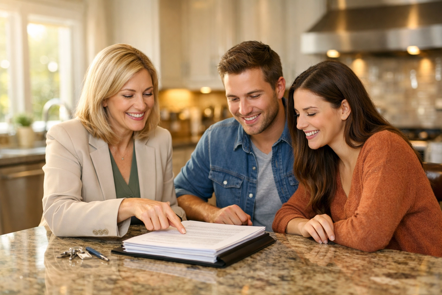 A professional Realtor reviewing a home inspection report with buyers in a San Antonio kitchen.
