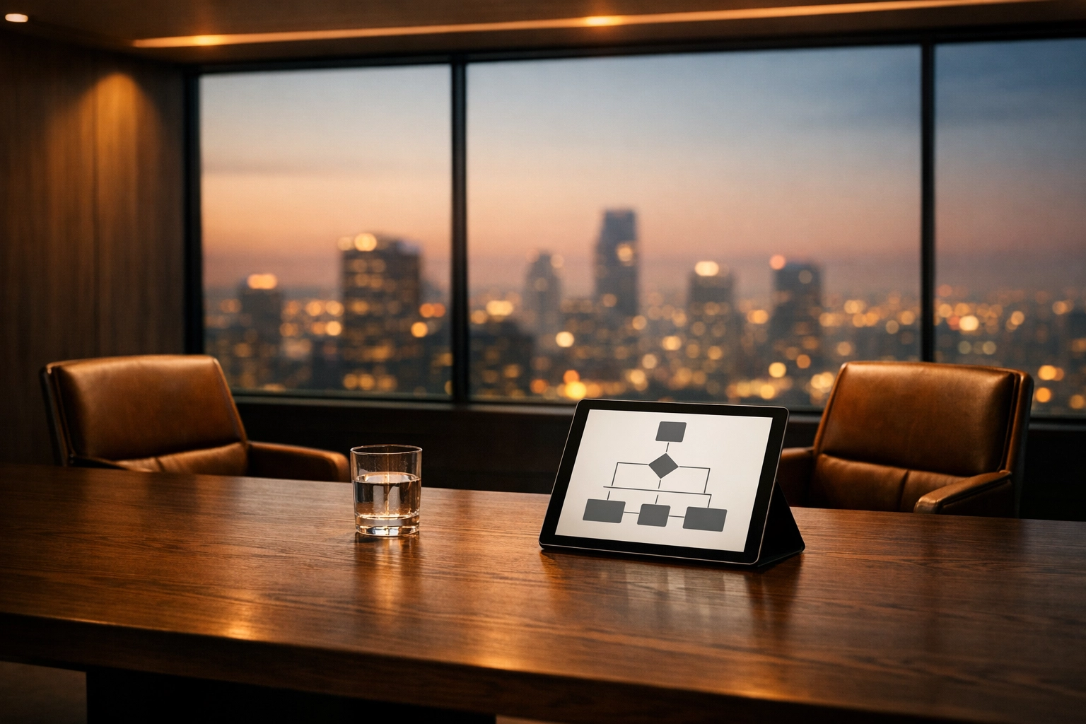 A sleek boardroom setting with a strategic flow chart, highlighting the move from manual work to scalable systems.